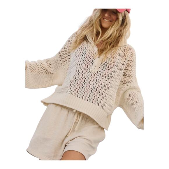 Aerie Womens size XL Oversized Crochet Quarter Zip Open Knit Ribbed Prep Sweater - Picture 3 of 9